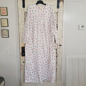 Vtg Adonna Soft Cotton Flannel Long Sleeve Nightgown White Pink Floral L Large
